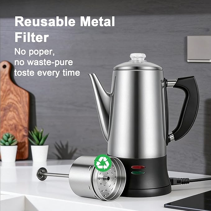 Electric coffee maker 12-cup capacity stainless steel construction automatic heating with boil-dry protection heat-resistant handle design 360° swivel base transparent brewing indicator.