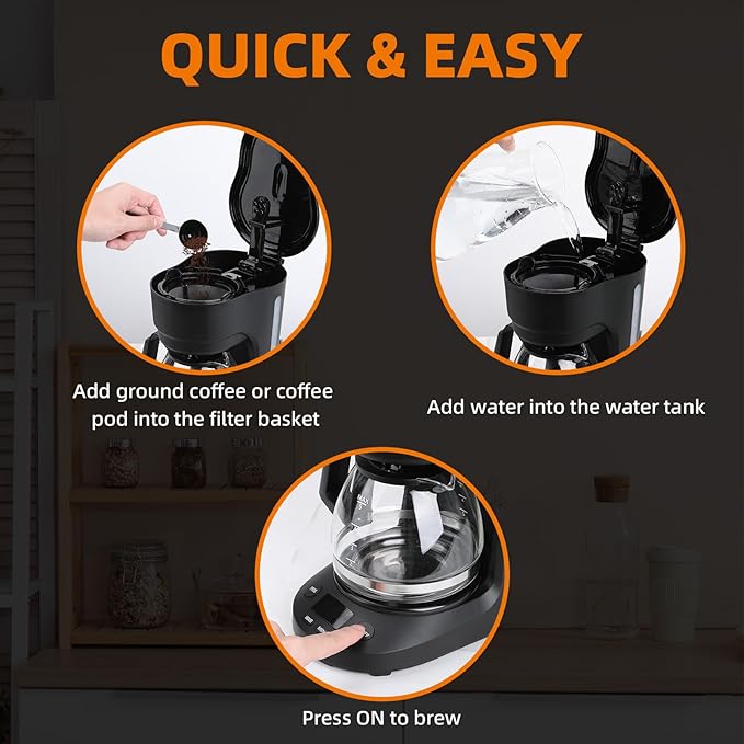 5-Cup Programmable Drip Coffee Maker a compact coffee machine with a digital clock and 24-hour programmable timer featuring Auto Shut-Off and a Removable Filter Basket for Home &amp Office.