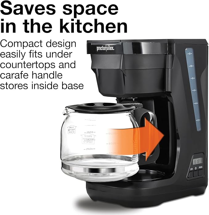 Proctor Silex FrontFill Drip Coffee Maker Digital &amp Programmable 12 Cup Glass Carafe Black and Silver (43685PS)
