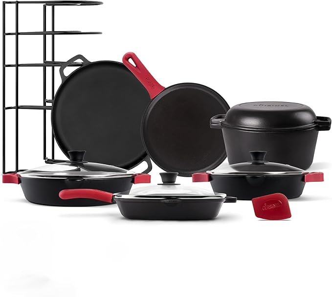 Cuisinel Cast Iron 18-Piece Preseasoned Cookware Set: 10+12 Skillets w/Lids + 5-Qt Dutch Oven + 10.5 Square Grill Pan w/Lid + Pizza Pan + Round Griddle + 15 Organizer +Scraper + Silicone Handle