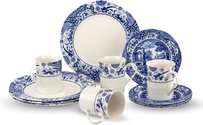Spode Blue Italian Brocato 12 Piece Dinnerware Set | Service for 4 | Dinner Plate Salad Plate and Mug | Made of Fine Earthenware | Microwave and Dishwasher Safe