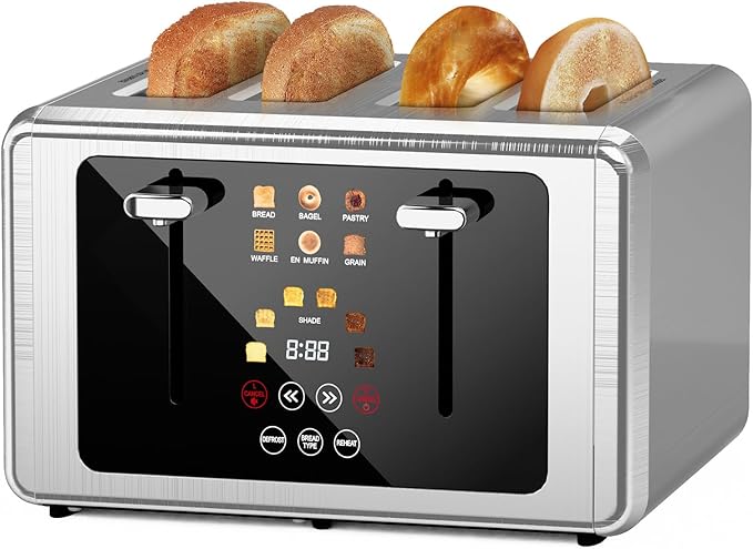 Touch screen Toaster 4 sliceSmart Digital Timer Toasters with Sound&ampScreen-Off Function 6 Bread Types &amp 6 Shade Settings 1.5''Extra Wide Slots Toast with Bagel DefrostStainless Steel