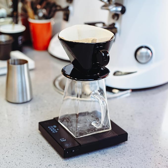 Pour Over Coffee Dripper Set by CrossCreek with Heat-resistance Black Cone Ceramic Dripper Glass Square Carafe 30PCS #2 Paper Filters 9917-C001-062