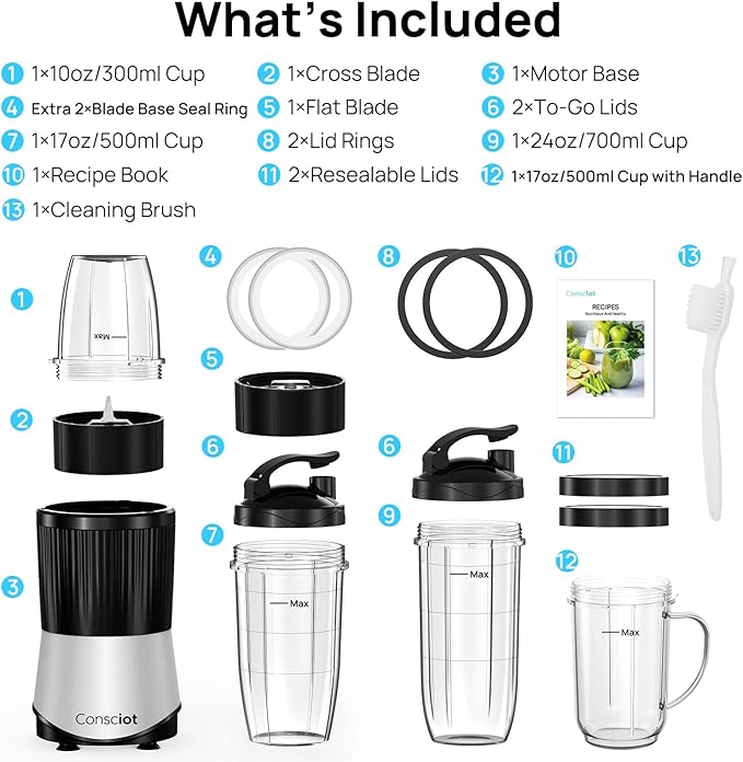 Consciot CB08 16-Piece Blender &amp Grinder Combo for Kitchen and Personal Size Blend Shakes and Smoothies Frozen Drinks Baby Food Spreads &amp More 4 BPA-Free Portable To-Go Cups 900 Peak Wat