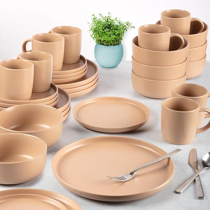 Zulay Kitchen Terra Stoneware 32-Piece Dinnerware Set Artisanal Ceramic Plates and Bowls Set Crafted at 2300℉ - Service for 8 Terracotta Clay