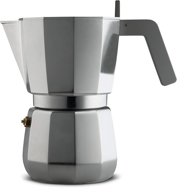 Alessi Moka Espresso coffee maker in aluminium casting. Handle and knob in PA grey. Magnetic steel bottom suitable for induction cooking. Filter for American coffee included. 9 cups.