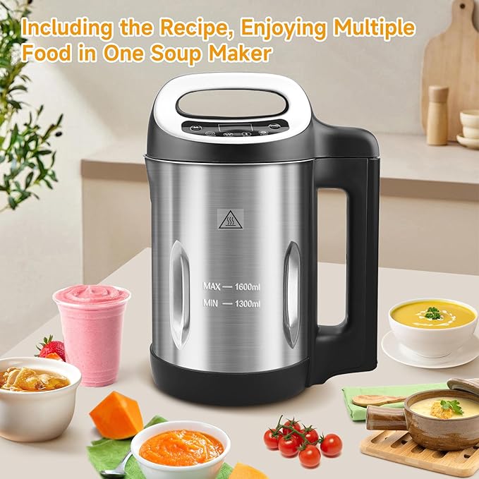 Homtone 1.6L Soup Maker Stainless Steel Soup Making Machine with Smooth &amp Chunky Settings Anti-Dry Burn Overfill Sensors Self-Cleaning Mode for Quick Soups Baby Food