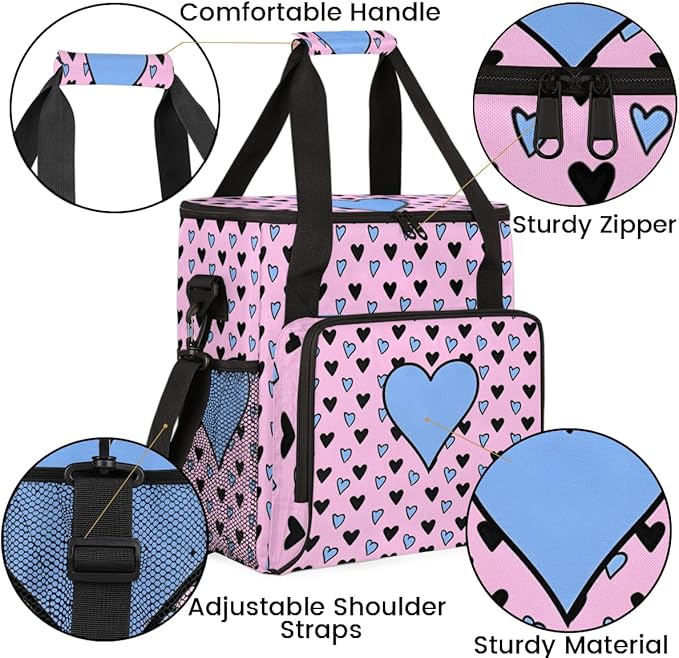 Pink &amp Blue Heart Coffee Maker Carrying Bag Portable Travel Storage Tote Bag Compatible with K-Mini or K-Mini Plus Single Serve Coffee Brewer Carrying Case with Multiple Pockets &amp Shoulder S