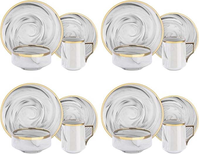 16 Piece Plates and Bowls Sets Fine China Artisan Marbled Dinner Set for 4 Dishwahser Safe Scratch Resistant Grey with Gold Line