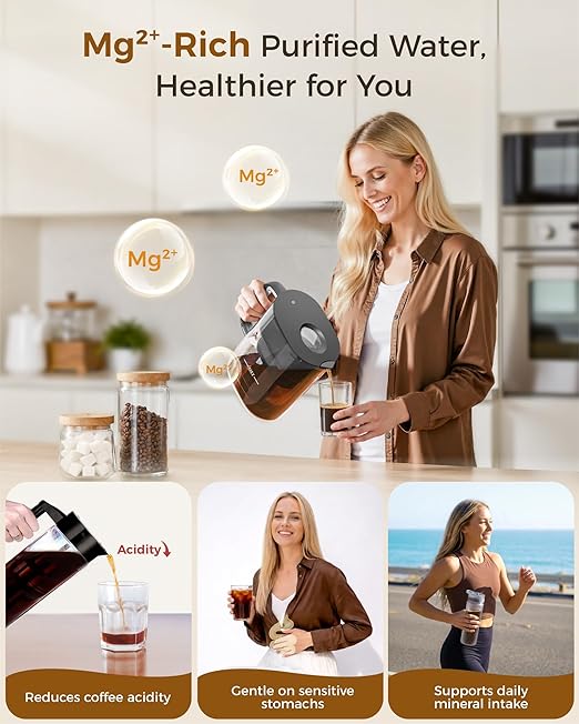 Waterdrop Cold Brew Coffee Maker with 1 Magnesium Water Filter for Well-Balanced Acidity Unlocks Aroma BPA-Free Cold Brew Pitcher Stainless Steel Filter for Iced Coffee Tea Lemonade Black