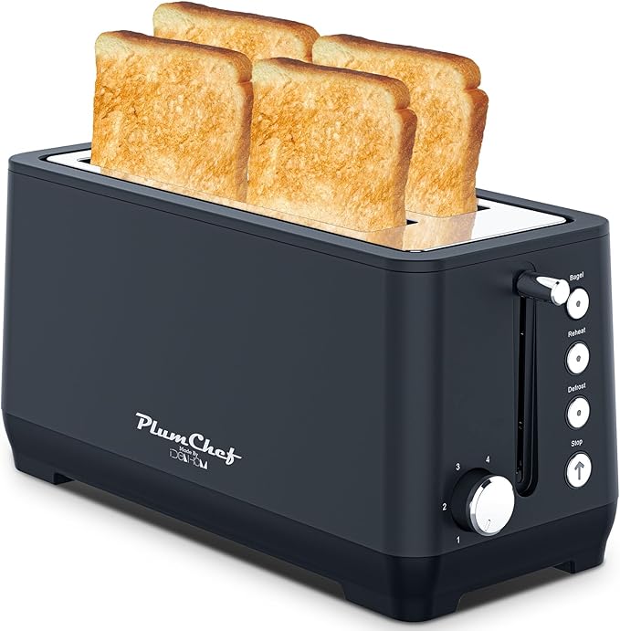 4 Slice Long Slot Stainless Steel Toaster 1350W with 7 Shade Settings Defrost Reheat Cancel Functions Removable Crumb Tray Anti-Fingerprint Modern Design (Black)