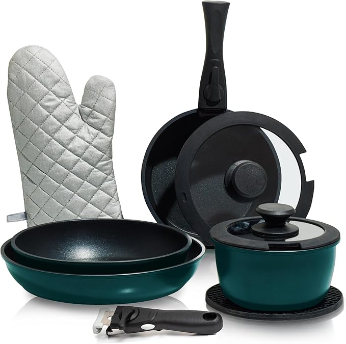 Moss &amp Stone Aluminum Pots And Pans Set Nonstick Removable Handle Cookware Stackable  Dishwasher Safe Induction Camping Cookware Set. (10 Pieces Blue)