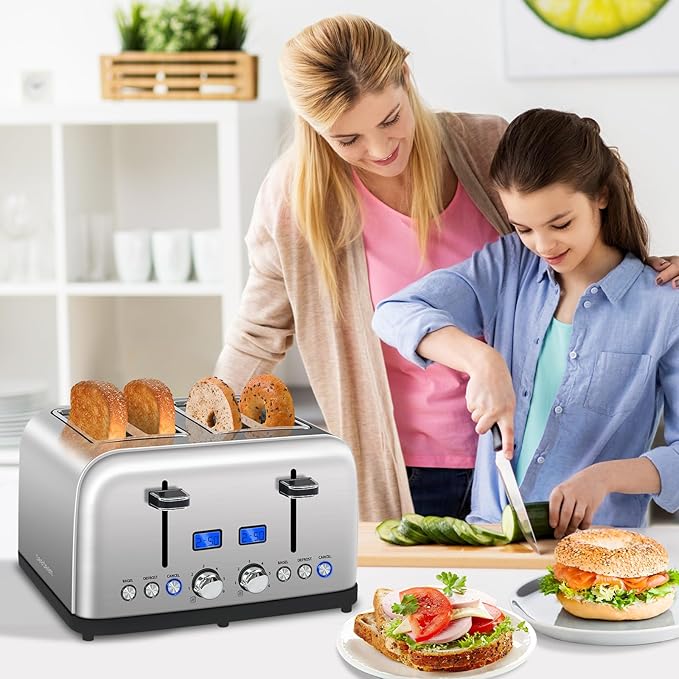 SEEDEEM Toaster 4 Slice LCD Display 6 Shade Settings 1.5'' Wide Slots Digital Stainless Toaster for Bagel Defrost Reheat Dual Control Removable Crumb Tray 1500W Silver Metallic