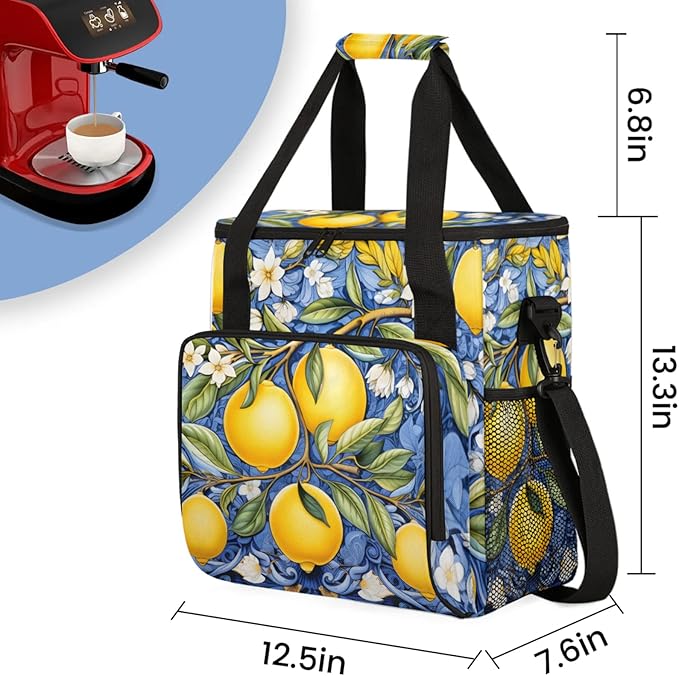 Lemons Coffee Maker Travel Bag for Keurig K-Mini/K-Mini Plus Insulated Waterproof Tote with Pockets for K-Cup Portable Single-Serve Brewer Case