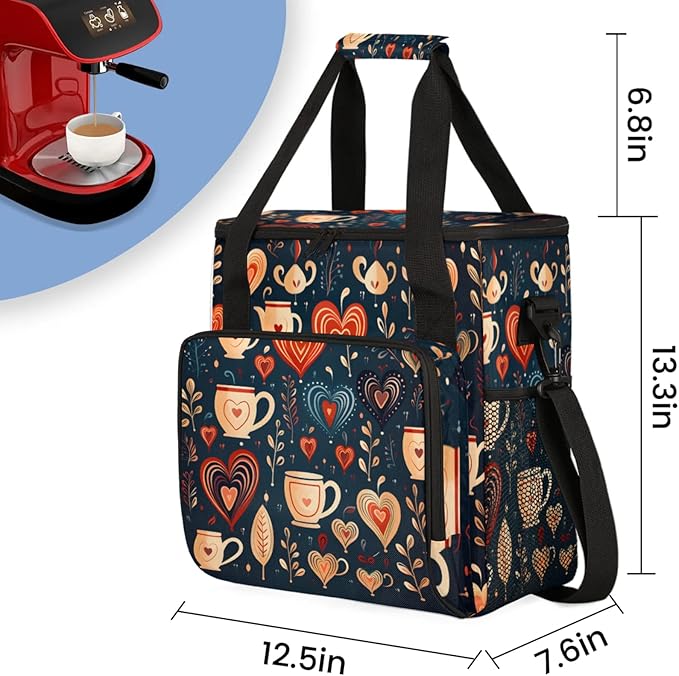 Coffee Heart Leaf Coffee Maker Travel Bag for Keurig K-Mini/K-Mini Plus Insulated Waterproof Tote with Pockets for K-Cup Portable Single-Serve Brewer Case