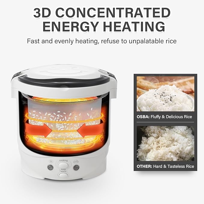 OSBA Mini Rice Cooker 1L Small Rice Cooker 2 Cup-uncooked Travel Rice Maker 12V for Car with Steamer Auto Keep Warm Suitable For 1-2 People White
