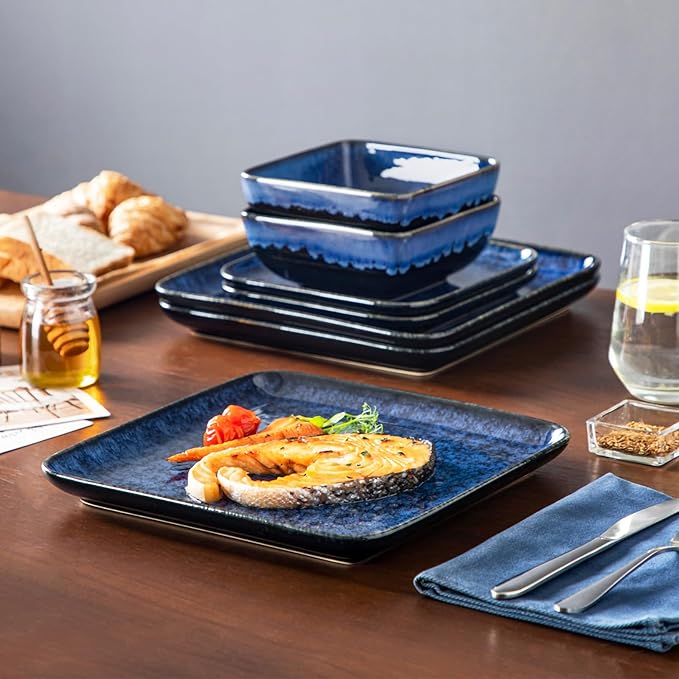 vancasso Stern Blue Dinner Set Square Reactive Glaze Tableware 12 Pieces Kitchen Dinnerware Stoneware Crockery Set with Dinner Plate Dessert Plate Bowl Service for 4