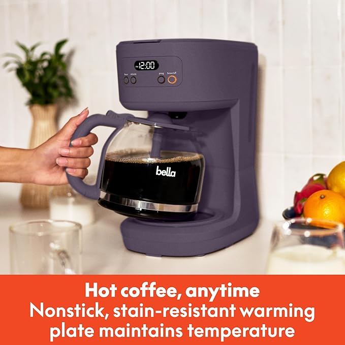 bella 12 Cup Programmable Coffee Marker Reusable Dishwasher Safe Accessories Easy LCD diaply Auto Shutoff 900 watt Plum