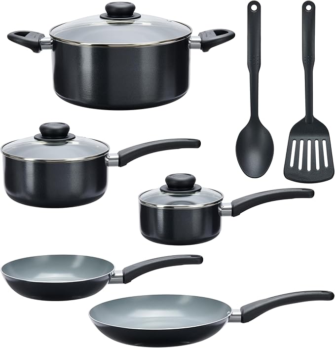 GoodCook Everyday Ceramic Nonstick Cookware Set Includes 8 &amp 10-Inch Fry Pans 1 &amp 2-Quart Covered Sauce Pans 4.7-Quart Covered Dutch Oven Turner and Basting Spoon 10-Piece Black