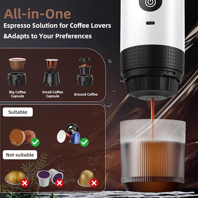 Portable Coffee Maker for Travel &amp Camping Portable Espresso Maker with Bag Rechargeable Cordless Battery Operated Coffee Makers for Ground Coffee NS Capsule RV Hiking Office(White)