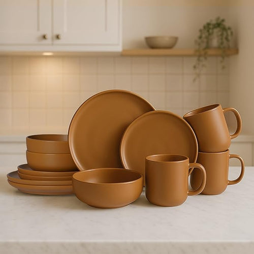 12-Piece Matte Orange Dinnerware SetStoneware Dinnerware for 3 Microwave &amp Dishwasher Safe Stackable Design for Kitchen and Dining - PlatesBowls and Mugs