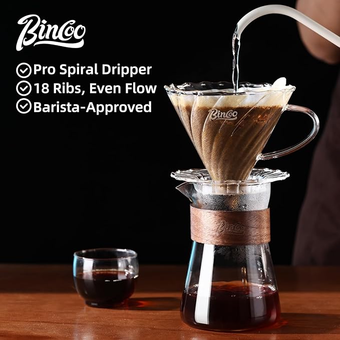 Bincoo Glass Pour Over Coffee Maker Set All-Glass Borosilicate V-shape 60° Cone Dripper &amp 500ml Coffee Carafe Server V-shape 60° Cone Drip Brewer with 50 V02 Filters
