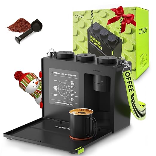 CANDY Portable Espresso Machine with Strap 3 in 1 Coffee Maker One-Touch Operation Rechargeable Cold Brew Up to 60 Cups for Ground Ideal for Camping RV &amp Outdoor Home Heating in Plug-in Mo