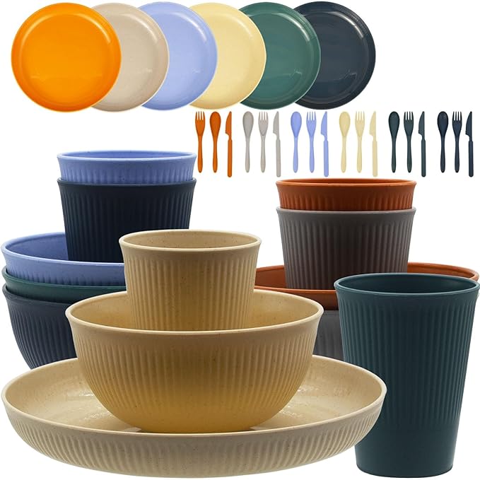 Wheat Straw Dinnerware Set 36pcs Dishes Plates and Bowls Sets Service for 6 Reusable Dinnerware Set Kitchen Cups Plates and Bowls Sets