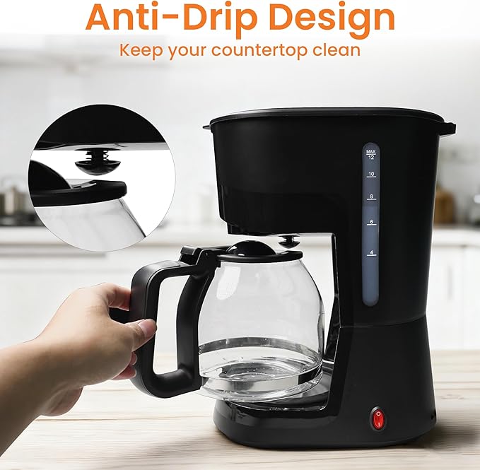 12-Cup Coffee Maker 1.5L Drip Coffee Machine with One-Touch Brewing Glass Carafe Anti-Drip System Reusable Filter Easy-to-Use Home &amp Office Coffee Brewer