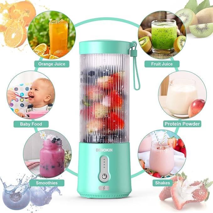 DENOKIN Portable Blender 16oz Vessel Cordless Personal Size Small Blender for Shakes and Smoothies with 6 Blade for Kitchen Home Travel