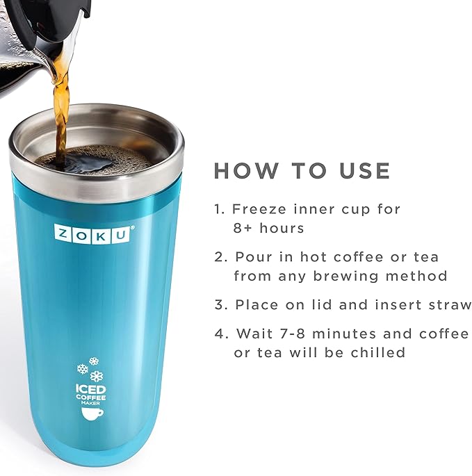 Zoku Instant Iced Coffee Maker Reusable Beverage Chiller Cools Hot Beverages in Minutes Without Dilution Portable 11-ounce Tumbler With Spill-resistant Lid and Straw Teal