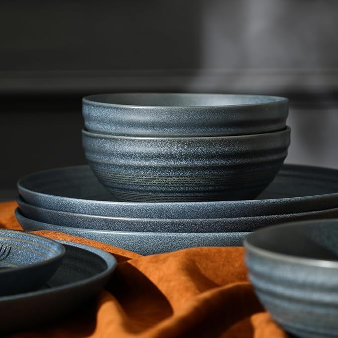 Stone Lain Elio 12-Piece Dinnerware Set Stoneware Plates and Bowls Set Dish Set for 4 Blue