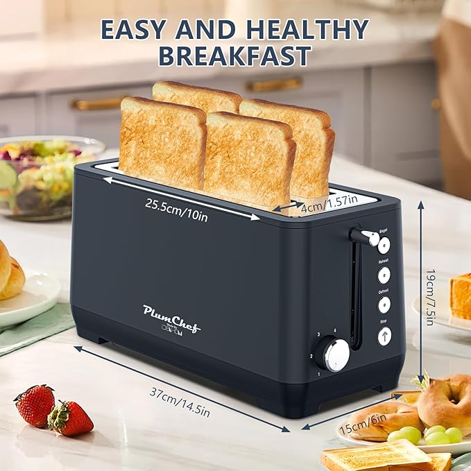 4-Slice Toaster Extra Wide Long Slot Toaster 6 Browning Settings Bagel/Defrost/Reheat Functions Removable Crumb Tray Stainless Steel Housing 1350W Matte Blue