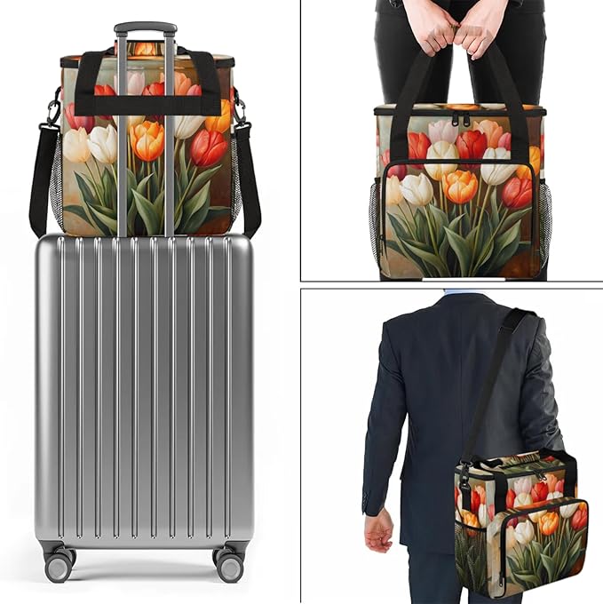 Flower Tulip Bouquet Coffee Maker Travel Bag for Keurig K-Mini/K-Mini Plus Insulated Waterproof Tote with Pockets for K-Cup Portable Single-Serve Brewer Case