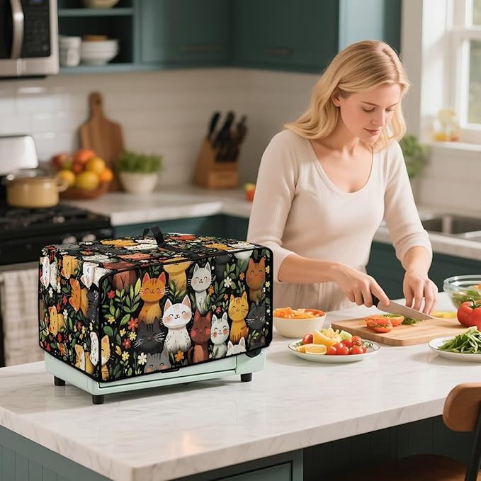 Doojoayie Cute Cat Toaster Cover 6 Slice Universal Fit Small Appliance Covers with Top Handle Design Toaster Covers Kitchen Decoration Gift for Mother Wife or Anyone Who Loves to Cook