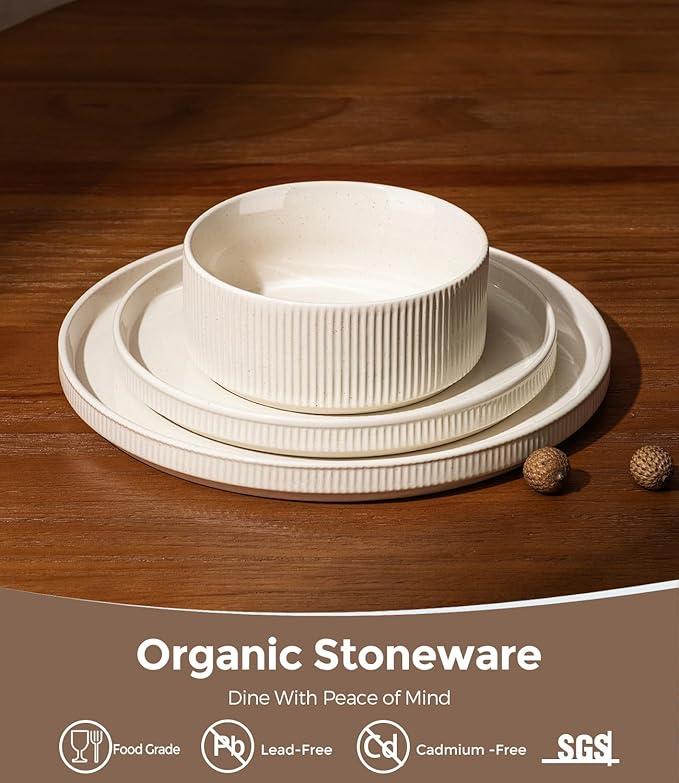 GBHOME Stoneware Dinnerware Sets for 4 12 Pieces Ceramic Ribbed Plates and Bowls Set Reactive Glaze Stackable Plate Sets Scratch Resistant Dishes Microwave &amp Dishwasher Safe Beige