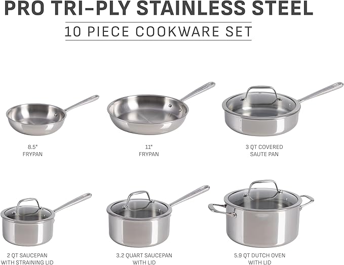 T-fal Pro Tri-Ply Stainless Steel Cookware Set 10 Piece-Induction Compatible Oven Safe 500F Lids-350F Even Heat Professional Quality Durable Induction Pots and Pans Set Silver
