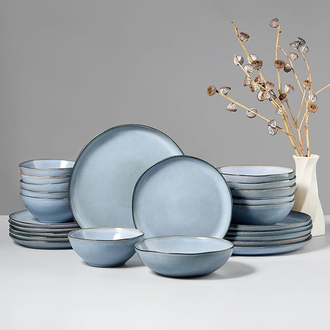 HaWare Plates and Bowls Set Stoneware Dinnerware Sets 24-Piece Hand-painted Dishware for 6 Ceramic Dinner Set for Home Kitchen Scratch Resistant Microwave and Dishwasher Safe Reactive Foggy Blue