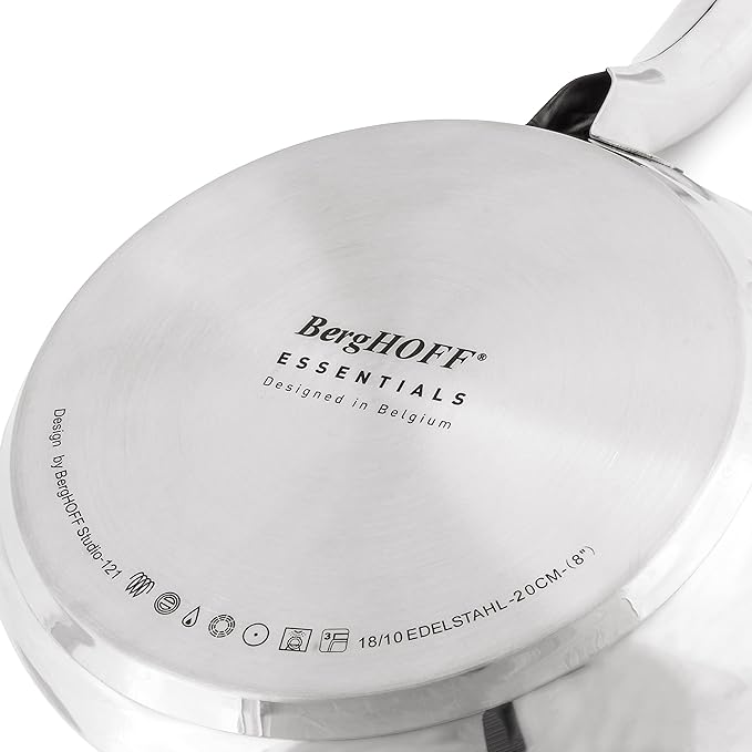 Berghoff Belly Shape18/10 Stainless Steel 3Pc Cookware Set Fry Pan 8 Inches Skillet 2.5qt. Glass Lid Fast Evenly Heat Induction Cooktop Ready Dishwasher Safe