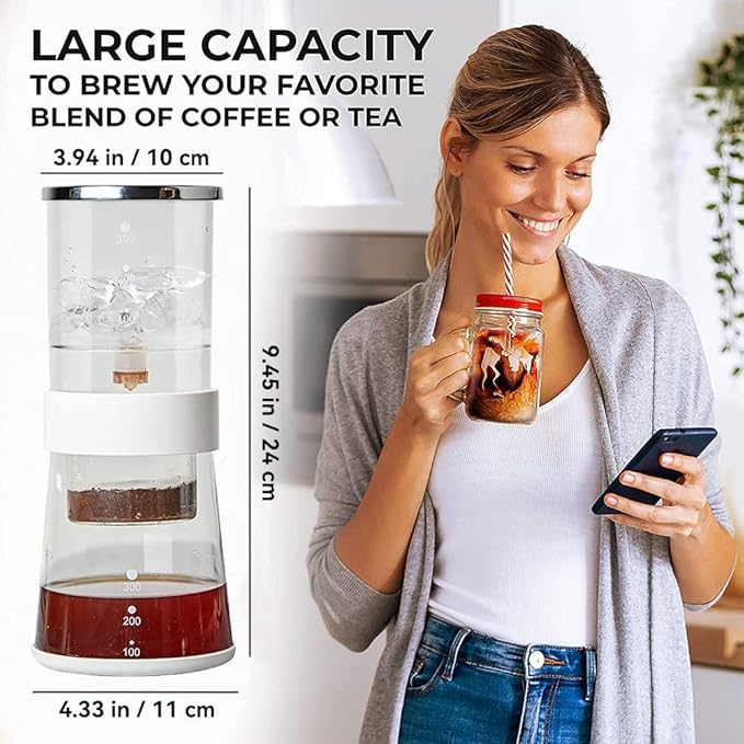 Ice Drip Coffee Maker 14oz Cold Brew Coffee Smooth Dripper Slow Cold Drip Iced Coffee Concentrate Brewer with Adjustable Water Flow Stainless Steel Filter