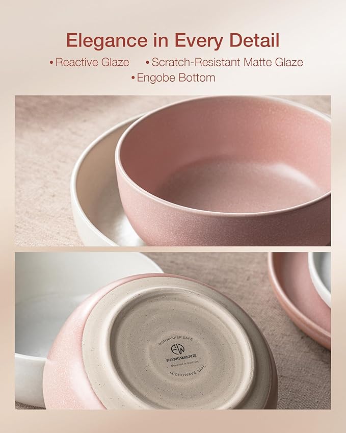 Famiware Milkyway Plates and Bowls Sets 12 Pieces Dinnerware Sets Reactive Glaze Dish Set Stoneware Dishes Set for 4 Matte Beige White &amp Light Pink