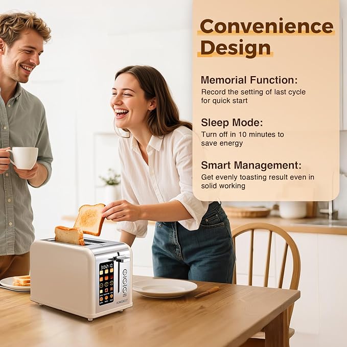 2 Slice Easy Touch Screen Toaster Stainless Steel Toaster with Wide Slots Even Toasting for Bagels &amp Bread Reheat &amp Defrost Removable Crumb Tray Cream Color