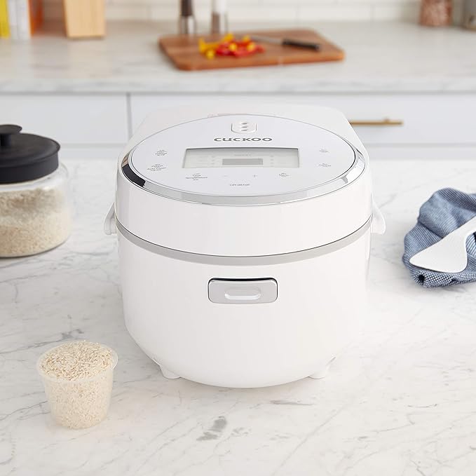 CUCKOO Micom Rice Cooker 8-Cup Uncooked / 16-Cup Cooked with Nonstick Inner Pot Large Rice Maker with 9 Menu Options Fuzzy Logic Technology Auto Clean Mode LCD Display White (CR-0810F)