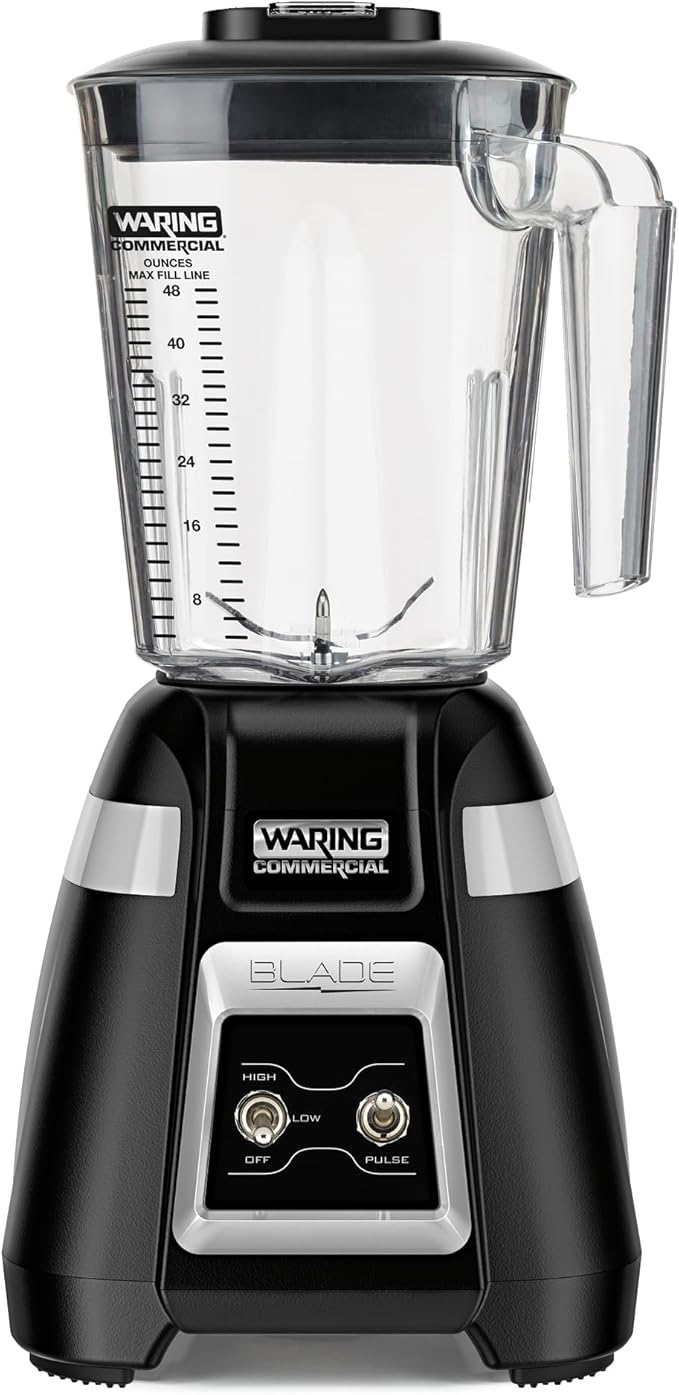 Waring Commercial BB300 Blade 1 HP Blender Toggle Switch Controls with Pulse feature with 48 oz BPA Free Copolyester Stacking Container 120V 5-15 Phase Plug Black
