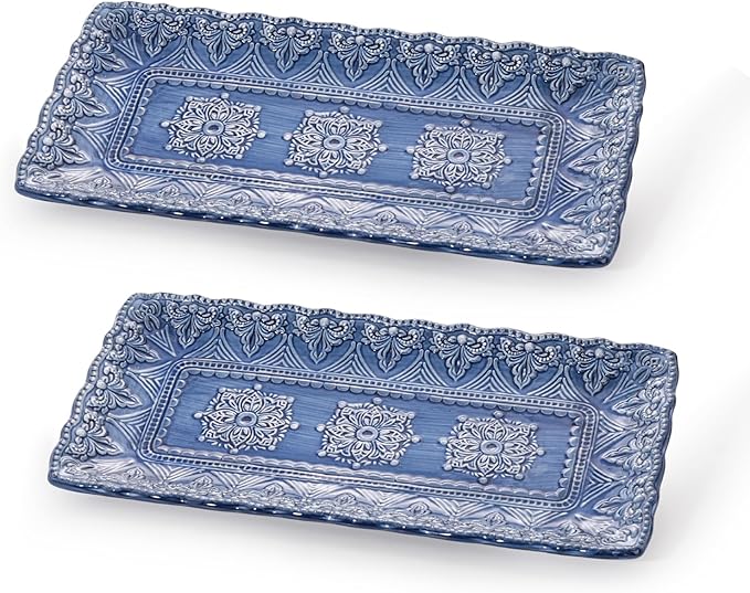 Sungmor Embossed Stoneware Fine Dining Dinnerware Antique Baroque Style 14 Long Rectangular Porcelain Serving Platter Set of 2 Sophisticated Ceramic Dish for Party Cookies Fruit Cheeses &amp Des
