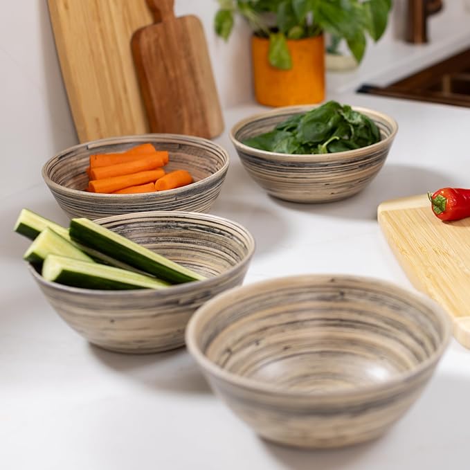 LEXA 8-Piece Handcrafted Bamboo Plate &amp Bowl Set Four 12” Serving Plates and Four 8” Bowls Spun Bamboo Dinnerware for Everyday Meals Entertaining &amp Home Décor (Black)