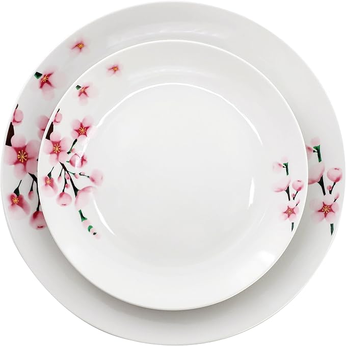 Elama Tamara 18 Piece Cherry Blossom Porcelain Dinnerware Set Service for 6 in White and Pink