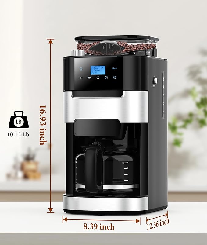 Joy Pebble 10-Cup Drip Coffee Maker with Built-in Grinder Touch-Screen Programmable Brew Coffee Machine with Timer 8 Grinding Settings Reusable Filter Keep Warm Plate 50.7oz Water Tank