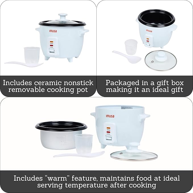IMUSA Mini Electric Rice Cooker 6 Cup Cooked 3 Cup Uncooked – Ceramic Nonstick Pot Small Multi Cooker for Rice Quinoa Oatmeal Stew – Keep Warm – Compact for Dorm RV Kitchen