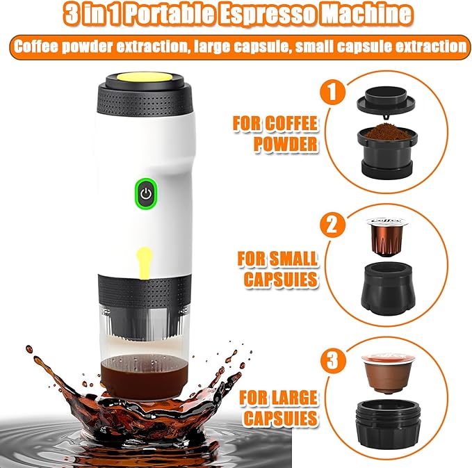 Portable Espresso Machine 3-in-1 Self-Heating Portable Coffee Maker for Travel with Rechargeable Battery Cordless Electric Mini Espresso Maker for RV Hiking Camping Office (White) (White)